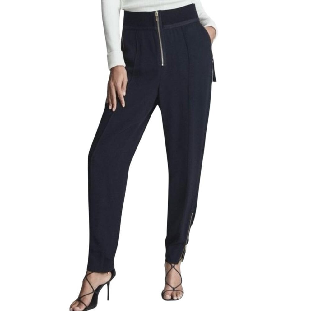 NWT Reiss Amber Trouser Pant 10 Navy Crepe Exposed Zip Ankle Zipper Office Siren